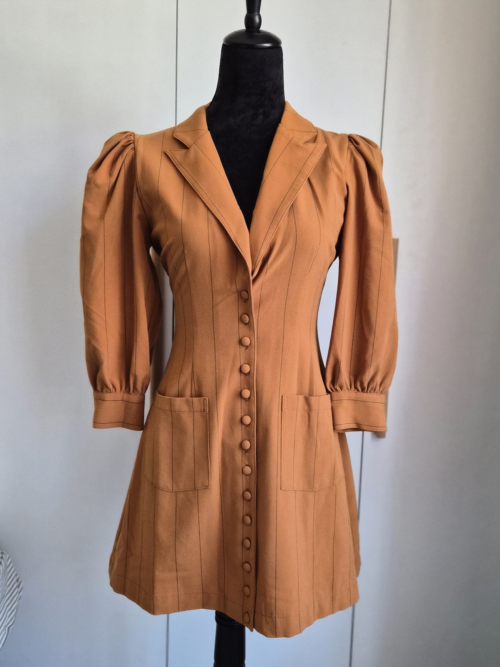 DANIELLE BERNSTEIN Rust-Orange Button Front Puff-Sleeve Dress